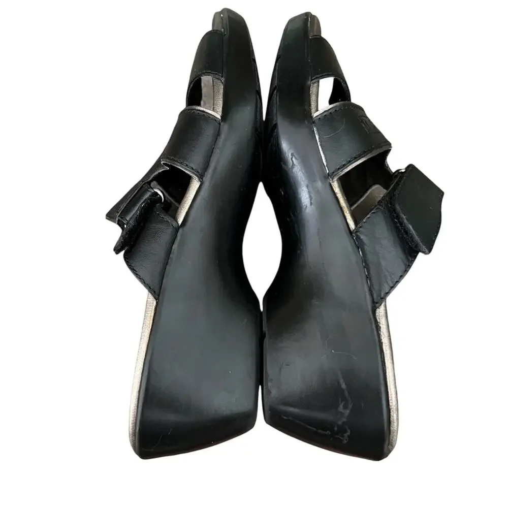 Clarks Bendables Ella Celtic Sandals 8.5 Black Leather Laser Cutout Wedge Slide
